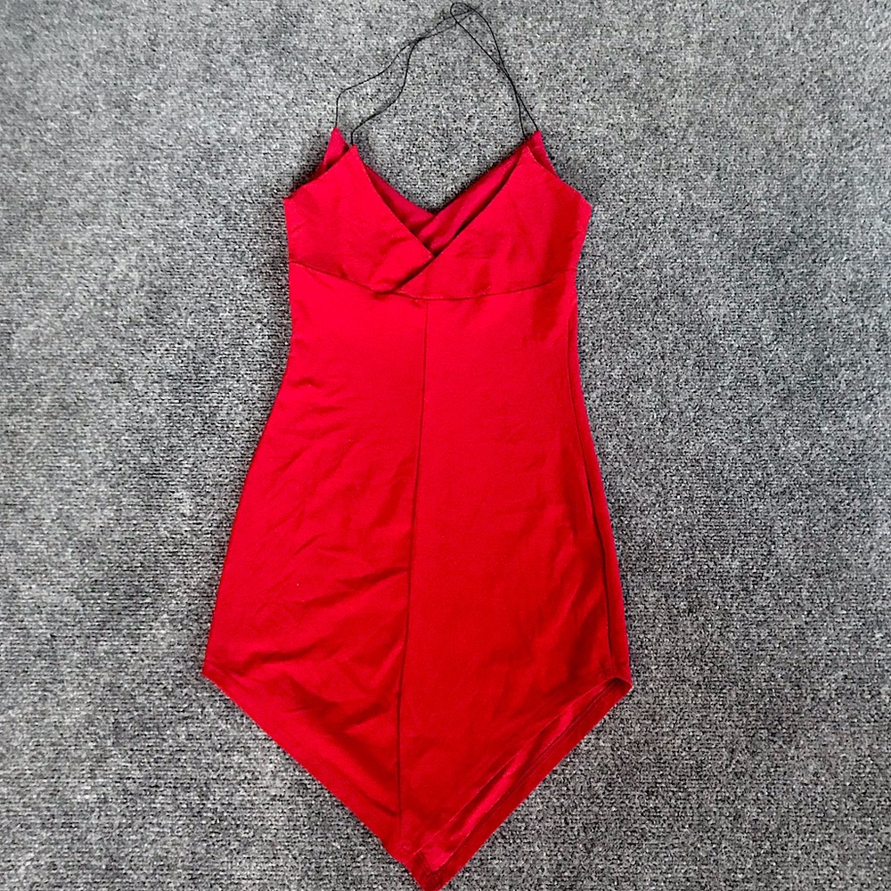 Red Spaghetti Strap Bodycon Mini Dress v hem small